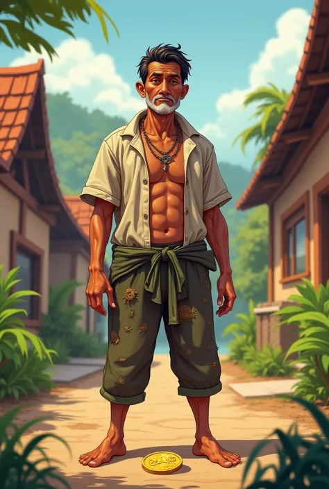 Taller Poor Indonesian man with MOANA character find a only one golden coin on floor dressing wear on rags man cartoon village background 