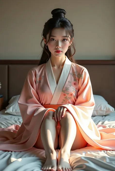 Hanfu，Little 20 year old korean sister，white tights， sitting on the bed with open legs，Naked