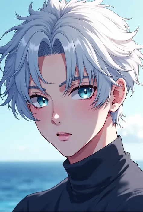 Handsome anime boy with light blue eyes and white hair color seductive look 