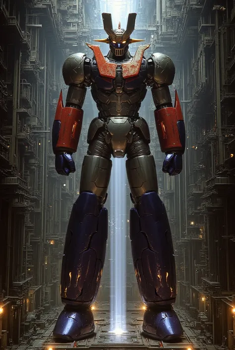  a very realistic version of the modified Mazinger Z,  Standing 100 meters high in a forward leaning position.   constructed with modern materials such as steel  ,   Carbon Fiber  ,   Other industrial elements are also visible  ,   just like the real thing...