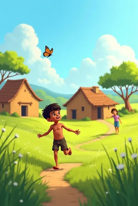 A serene rural village scene with small mud houses, a lush green field, and a clear blue sky. A playful boy, around , wearing simple clothes, is running around mischievously in the field, chasing a butterfly. His carefree attitude is evident as he ignores ...