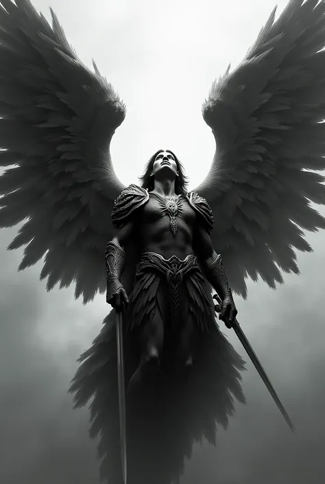 An archangel , flying,  with fully exposed and large wings, looking up,  clear eyes.  Photo in black and gray .  with a sword and a cross symbol .