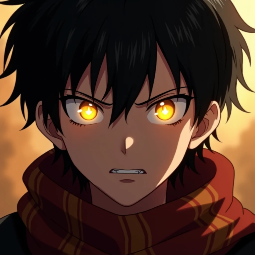 a close up of a Hogwarts Legacy Main Characters face, Glowing Golden eyes,Gryffindor Prefect Student Boy, Gryffindor Scarf around neck, covering neck,Black hair Golden glowing eyes, Serious Glancing At The Viewer, Hogwarts Inspired, handsome guy, cold and ...