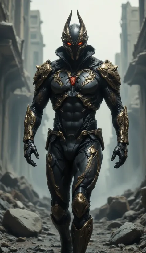 Warframe, clad in imposing armor adorned with intricate, golden filigree, strides confidently through the ravaged streets of a post-apocalyptic city. The imposing figure, with its sleek, black exosuit and menacing, crimson-red visor, exudes an aura of unyi...