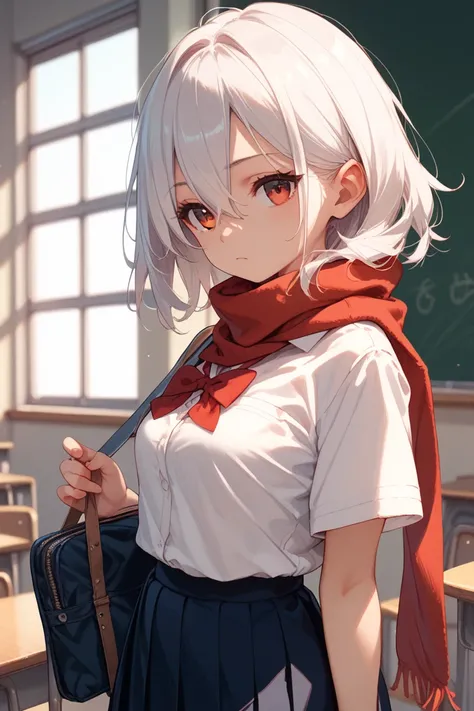 masterpiece, 1girl,  The background is classroom, Brown School uniform, high school student, Medium sized breasts, white hair, medium hair, hair between eyes, Wearing a red scarf,  Orange Red eyes,  She is standing,
