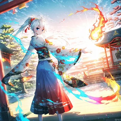 1 girl, Ultra-detailed, best quality, white hair, ponytail, red eye ,blue eye,shadow,arcadia,Japanese clothes,shrine,sunrise,new year,colorful flame,fire,magic,colorful fire,gradient fire,artist:qys3