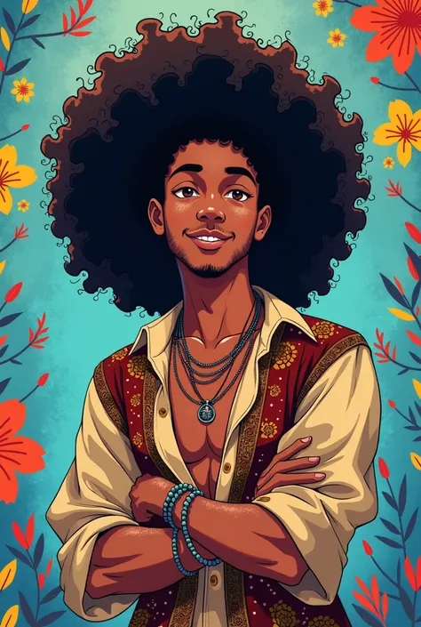  An anime-style male character with long Afro hair ,  bulky and round .  Her hair should be curly , with fluffy texture ,  and extend around his head in a perfectly symmetrical way .  She wears detailed bohemian clothing ,  with intricate patterns and acce...