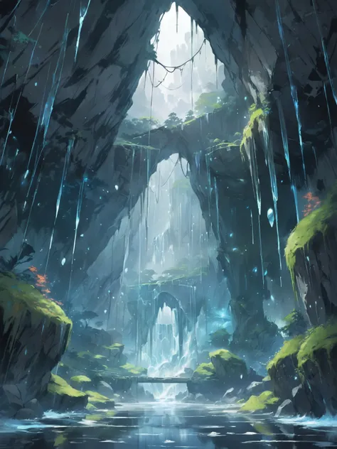 a painting of a waterfall in a cave with moss growing on the rocks, anime background art, anime scenery concept art, ross tran. scenic background, andreas rocha style, magical fantasy 2 d concept art, detailed digital 2d fantasy art, environment and concep...