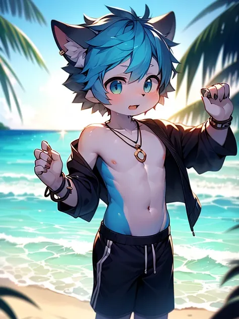 ((((((SFW)))))), Furry wolf ，((Shota))， Blue Hair ， Skin blue ， Good figure ， Body wet ，Short stature，Handsome， Exposes teeth ，Tail，cute： Misty light ， reflective skin ，Redness of the skin ，Black Triangle Swim Pants，((Topless，Breast ring))，necklace，Bracele...