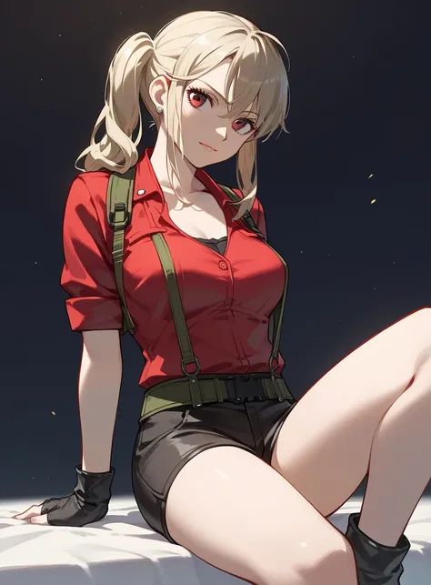 a drawing of a woman in a red shirt and black shorts, seductive anime girl, quiet from metal gear solid, female protagonist 👀 :8, female anime character, revy from black lagoon, anime woman, ann takamaki from persona 5, asuka suit under clothes!, anya from...