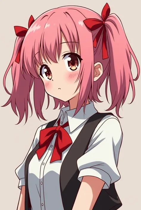 Look, it would be like this :
 Short pink hair loose at the back of the head but keeping two pigtails on the sides with red ribbons,  the hair should be up to the middle of the neck, not shorter or longer and striking clothing ,  retro anime style from the...