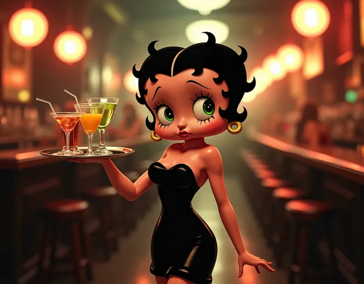 Betty Boop serving cocktails in a dynamic 35mm photography style, captured as she walks through a lively speakeasy, her expression playful and inviting; she is dressed in her iconic flapper dress under moody, dim lighting, with a bokeh effect highlighting ...