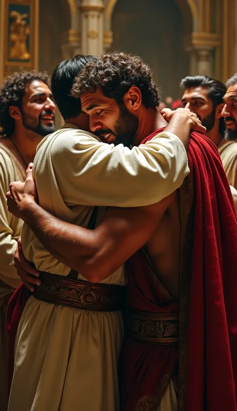  A hug between José and his younger brother Benjamin , with both of them crying . behind,  the other brothers show an atmosphere of reconciliation and relief.(Bible story) jose como rey 