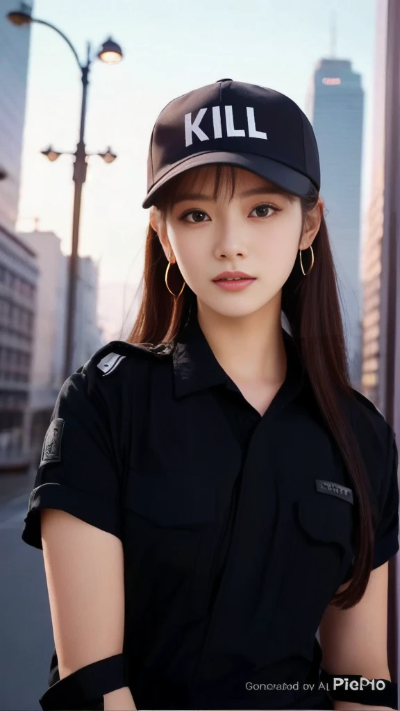 Close-up photo of a woman wearing a hat and a black shirt,  wear a black uniform , Larisa Manovar,  black pink Larisa Manovan ,   girl  ,  alert, Wearing a police uniform, board member,  BLACK PINK Jenny ,   flashlight and teddy bear  ,  Belle Delphine , 韓...