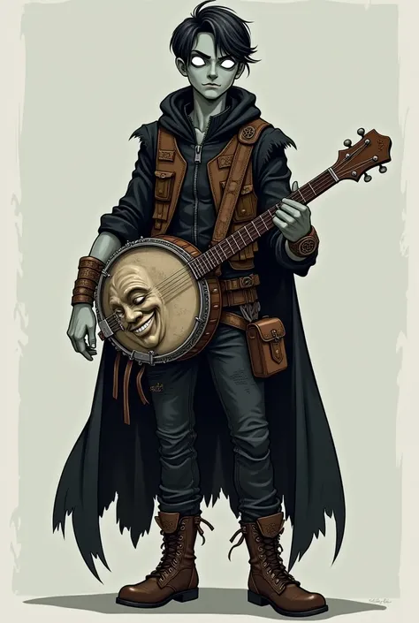 A full-body illustration of a gray-skinned human with short, dark hair. His fully white eyes glow with a haunting, ethereal presence. He wears dark, shadowy attire blending the aesthetics of a musician and an adventurer: a black, intricately patterned shir...