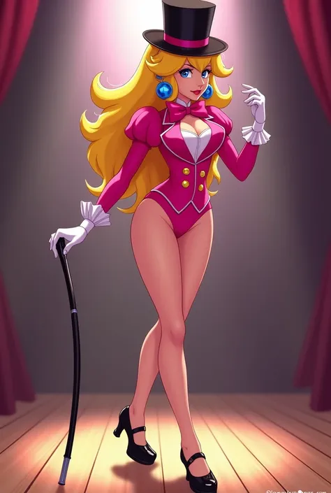 Princess Peach wearing a pink tuxedo leotard, with a black top hat, pink bow with a white collar around her neck, black Mary Jane tap shoes, black cane to tap dance with, while tap dancing sexy, on a small wood board, showing her legs, cartoon style