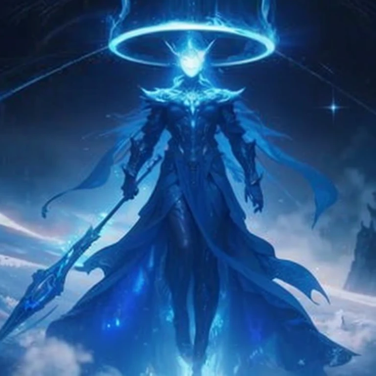 The image depicts a powerful, otherworldly figure shrouded in an ethereal, blue-hued energy. The figure appears to be a humanoid entity with a commanding presence, surrounded by swirling currents of light and energy. The background is dark and atmospheric,...