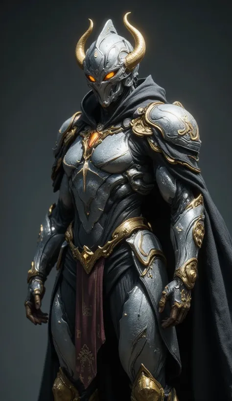 Behold, a formidable sentinel of ancient lore: Warframe. Clad in resplendent silver and black armor, adorned with intricate golden filigree and ornate engravings, this armored warrior exudes an aura of unyielding protection and unrelenting power. The visag...