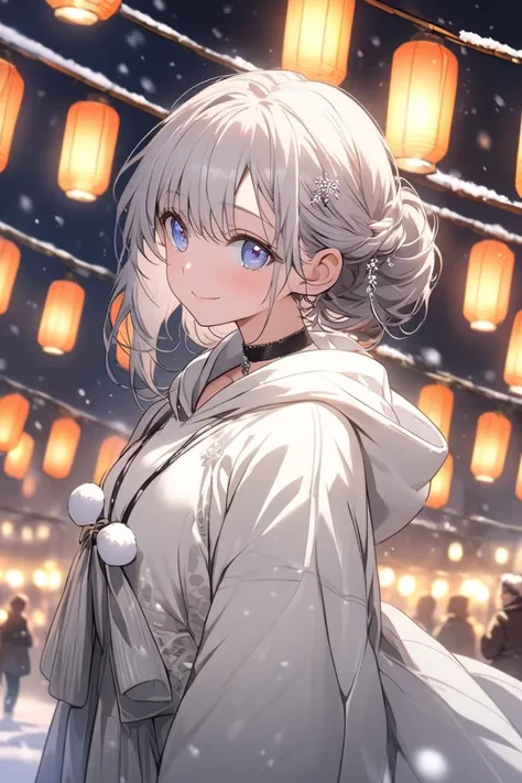 A beautiful anime girl with short silver hair and sparkling blue eyes, standing in a snowy cityscape at night. She is wearing a white hoodie and a black choker. Her hairstyle includes a simple and elegant silver hairpin on the right side, adding a subtle a...