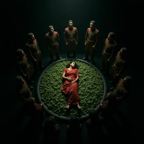 In a dark cult ; a sri lankan young rural woman wearing sari sleeping on a bed ; the bed is made of mint leaves. Seven Armed Guardsmen wearing special cossack uniform standing around the bed.