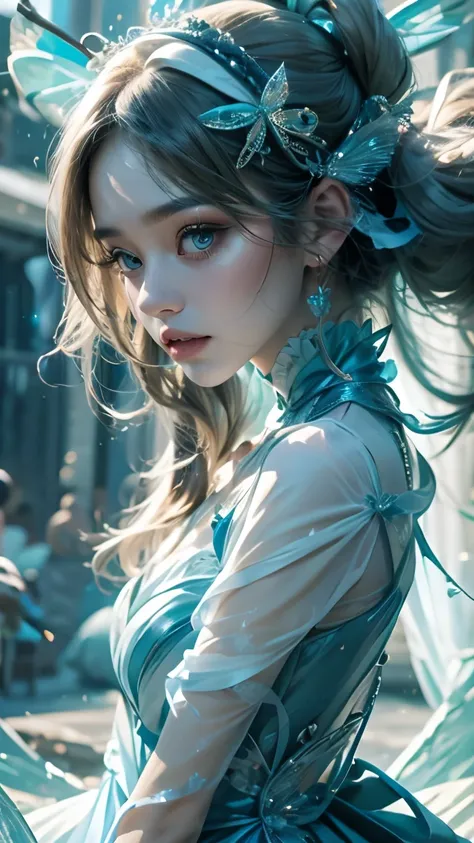 Animation ， wallpaper， Cinematography， Gorgeous Japanese Girl ， White long hair , Very long ribbon ,  Very Detailed Face ， Wearing Blue Dress Dress， Dragonfly Design Pleated Waist ，abstract,8k Octagonal Rendering, 