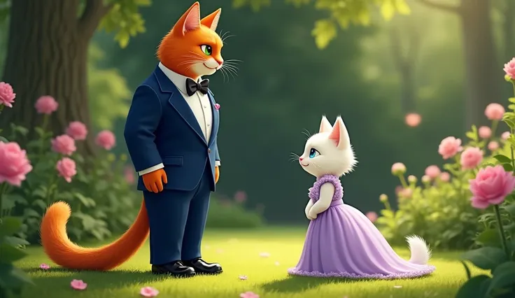 1. First Meeting in a Garden**
- A majestic orange male cat stands tall, wearing a sleek blue suit with shiny black shoes. His fur is deep black, and his face is strong, with sharp green eyes. He gazes across the lush garden at a stunning white female cat....