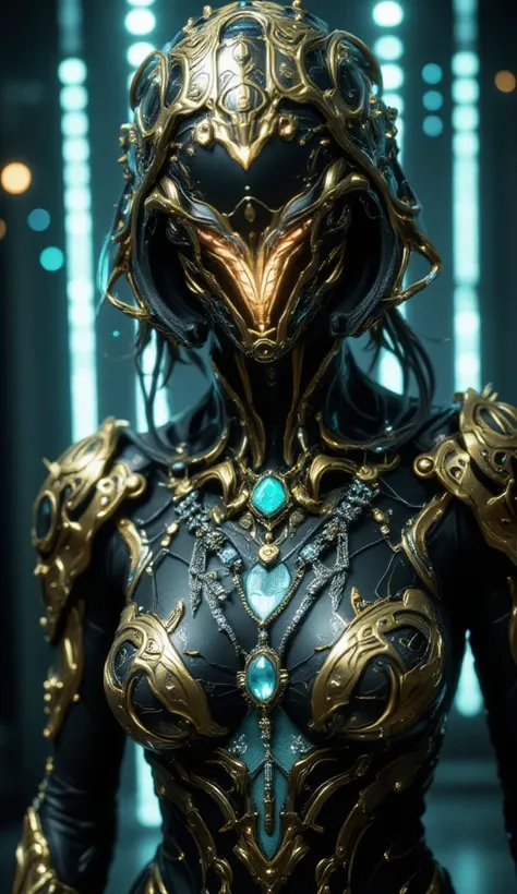 Behold, a majestic exemplar of cybernetic sophistication: Warframe. This enigmatic entity is clad in an intricately designed exosuit, adorned with an array of gleaming gold filigree and precious gemstones. The suits central axis is dominated by an imposing...