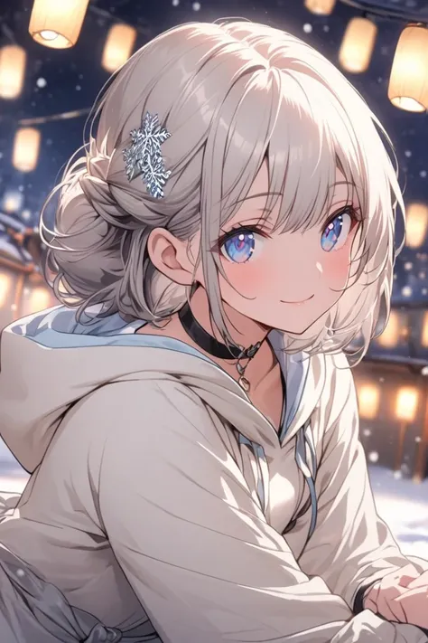 A beautiful anime girl with short silver hair and sparkling blue eyes, facing forward with a gentle and warm smile. She is wearing a white hoodie and a black choker, and her hairstyle is adorned with a simple silver hairpin on the right side. The backgroun...