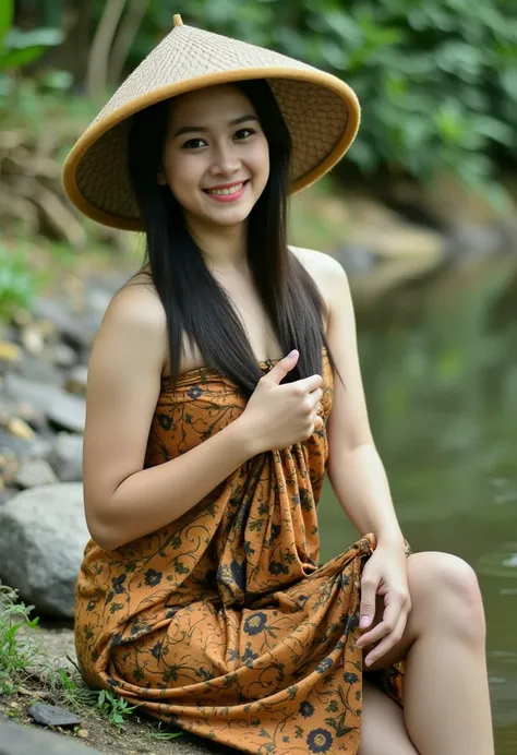 (masterpiece, best quality:1.2), 1girl, solo, sarong_dress, ((2)), Photo of Pretty Indonesian woman, ponytail, river, sitting, wearing hat, holding the container, Breasts, Breasts, 