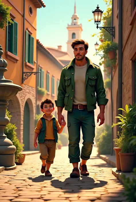  Put these two men together in a single image , They are brothers walking around Italy ,  the man in the green clothes has to be stronger than the one in the brown clothes and taller