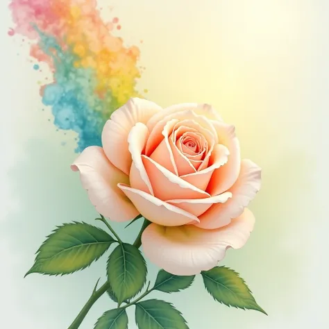 Its a pastel painting. There is one vanilla rose flower. Rose flowers are large. Watercolor paint flows down from the top of the screen. It flows straight from top to bottom. Rainbow colored watercolor. It also flows smoothly into rose flowers. The backgro...