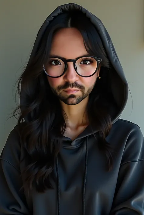 Turn a man from a photo into a beautiful tanned Asian girl , ubraną w bluzę washed black z kapturem oversize,  thick rimmed glasses and long black hair