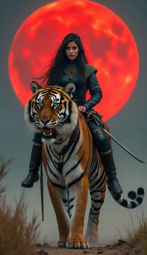 Create A Very Beautiful Persian Young Woman Warrior Sitting On A Tiger Walking Straight, Wearing Warrior Leather Outfit Unique And Leather Warrior Outfit, Blue Eyes , Death Stears,, Holding A Sword in Hand, A Giant Red Moon Background, Walking Straight In ...