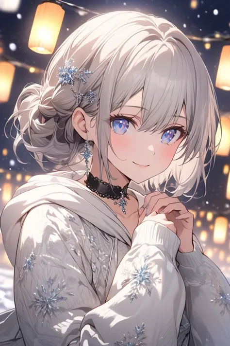 A beautiful anime girl with short shoulder-length silver hair and sparkling blue eyes, wearing a warm smile. She is adorned with a simple silver hairpin on the right side, adding an elegant touch to her hairstyle. She wears a white hoodie with subtle intri...