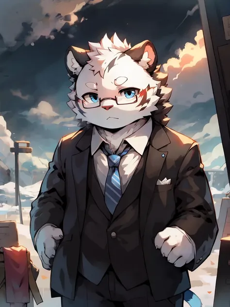 Fat，，Pure white tiger， blue eyes， glasses， suit ，indifferent，High and cold