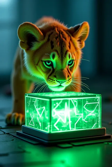 make me a picture of a lion cub staring at a glowing green cyber box with a modern green crack in the box