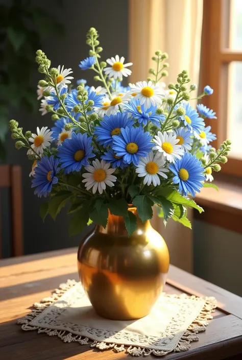 a bouquet of blue cornflower and white chamomile in a golden vase on a white small servet embroidered on a wooden old table and the price falls from the sun