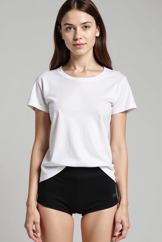 Photograph of young woman, wearing white t-shirt, tight black shorts pajamas pants, without bra,  visible nipples, reality, detailed, high quality 