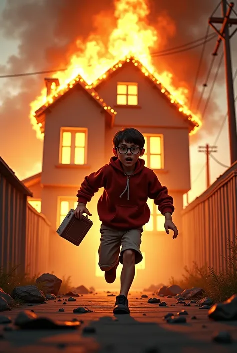 A picture of a boy running away with a house on fire while wearing glasses