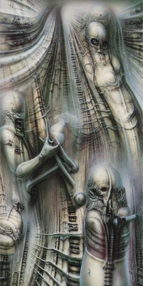 g1g3r, Giger_style, The image is a detailed view of H.R. Gigers " Li II " plate, featuring a complex network of bones and organs in a purple-brown hue ,swirling gray and brown colorsgroup of three alien figures positioned in the foreground.  Emaciated and ...