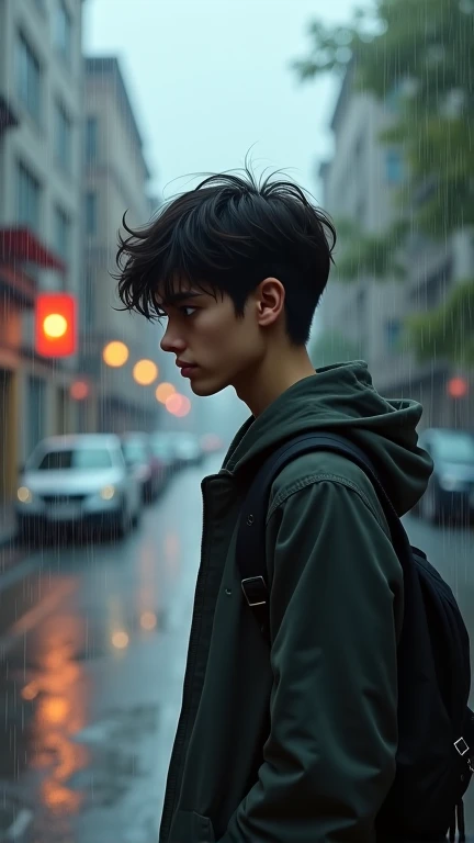 A teenager named Adrián is met with a small smile and in the back there is a blurry street while its raining. 