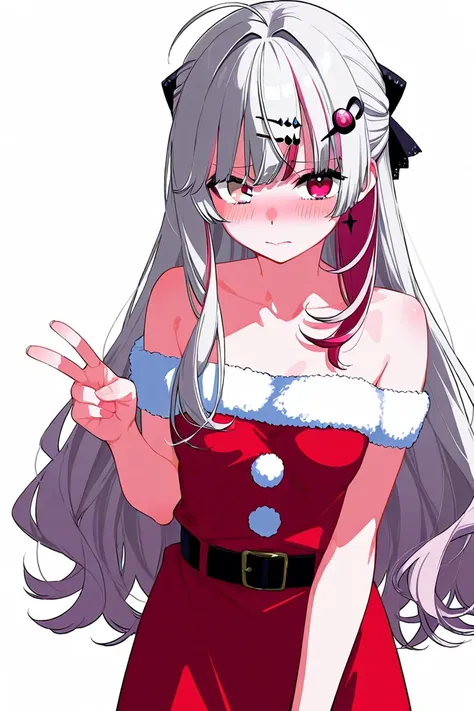 high quality,ishigami nozomi,v sign,small breasts,simple white background,heterrochromia,red eye,gray eye,shy,santa costume,bare shoulders,cowboy shot