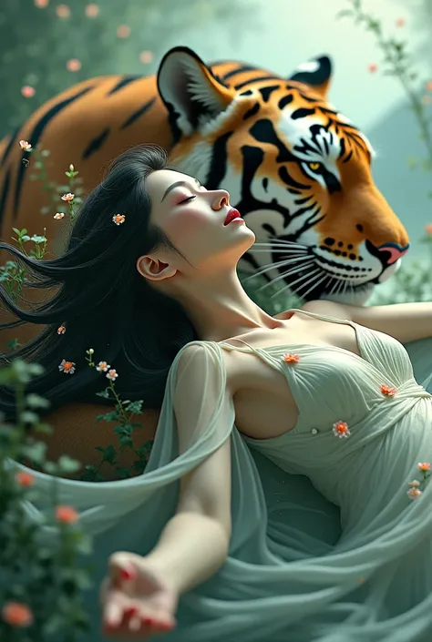 Stretch me a beautiful Chinese woman with her arms stretched straight up is passed out asleep being eaten by a tiger