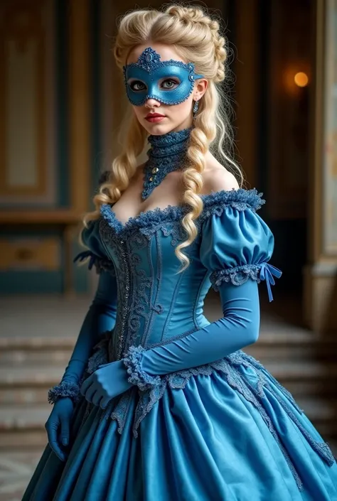 The most beautiful blond haired woman 19th century dress, hair with curles, corset, on the dress looped ornamentations (blue bows) to indicate the different layers to the dress, dress is close to her body, (((tight dress))), whole dress is tight, industria...