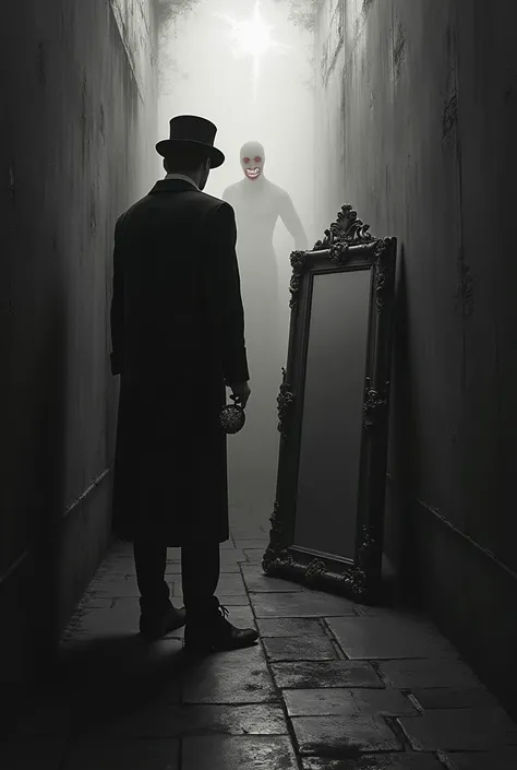  in black and white with a dark background make a minimalist horror art for book cover containing macabre mirrors, a bowler hat, pocket watch, And a macabre smile in the background 