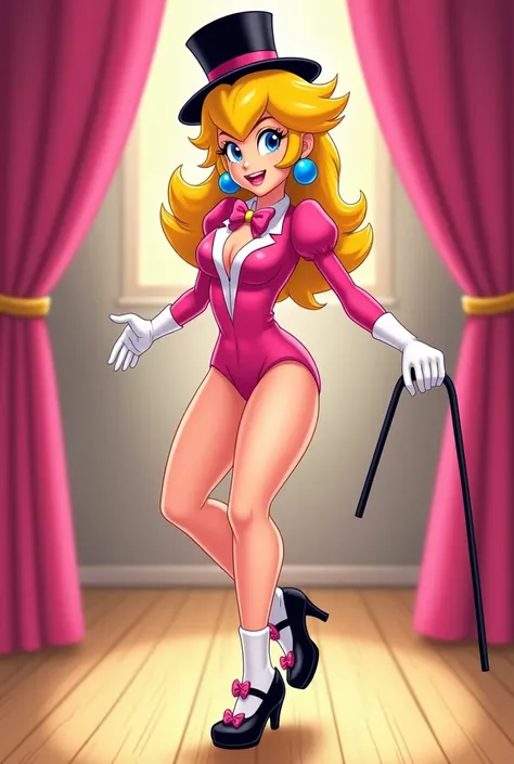 Princess Peach wearing a pink tuxedo leotard, with a black top hat, pink bow with a white collar around her neck, black Mary Jane tap shoes with white socks, black cane to tap dance with, while tap dancing sexy, on a small wood board, with pink curtains, s...