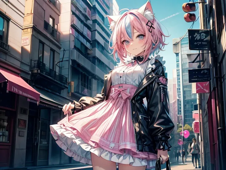 ((((pink and light blue))) ((streaked hair)), highlights hair,) (1garl),, , Cat ears、smil、(( short hair with shadows, bob)), , medium breasts , from front,, I put on punk clothes, クラストI put on punk clothes,  anime girl のコスプレ, Cybergoth, Wear a punk costume...