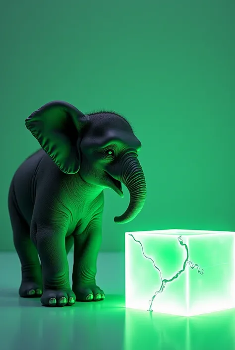 make me a picture of an elephant cub staring at a glowing green cyber box with a modern green crack in the box