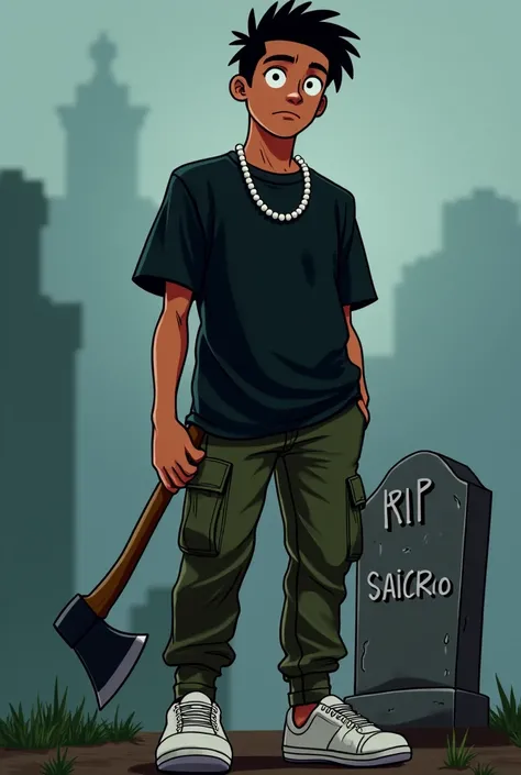  Animated image of a young man wearing a black oversized t-shirt with a string of pearls around his neck and military green cargo pants and white sneakers with an axe in his hand 
Standing in front of a headstone that reads 
R.I.P Saicro
And below a captio...