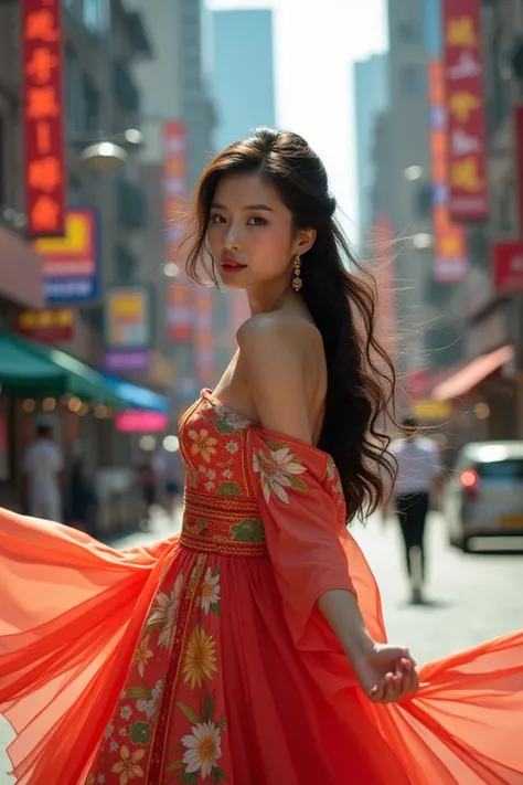 An asian girl in a dress posing in a street